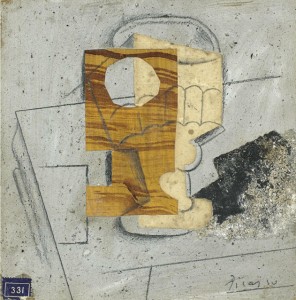 Glass on a Table, 1914 oil, sand, pasted papers & pencil on cardboard